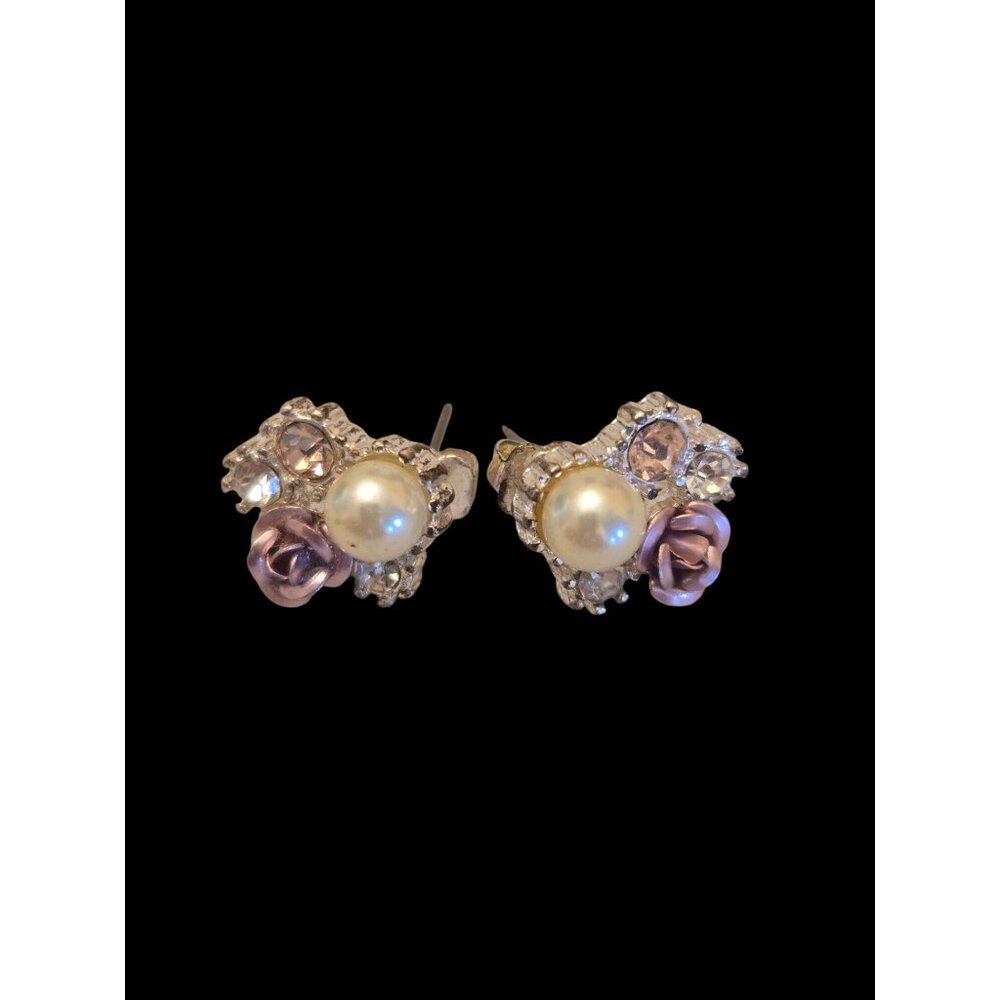 Pearl & Rhinestone Stud Earrings With Pink Rose Accents